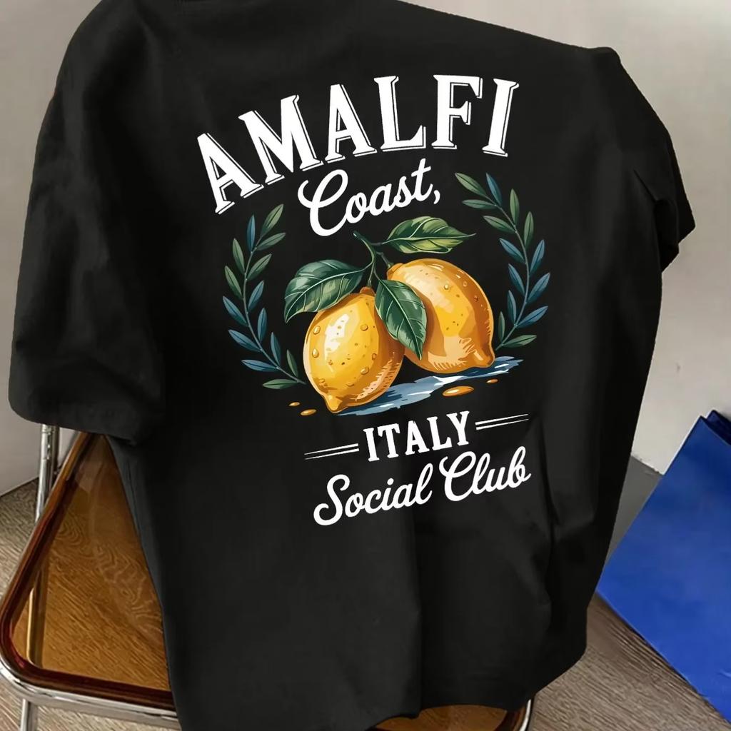 Baumwolle Unisex T-Shirt Amalfi Küste Social Club Italienisches Zitronenmuster Unisex Lässiges Urlaubs Oberteil