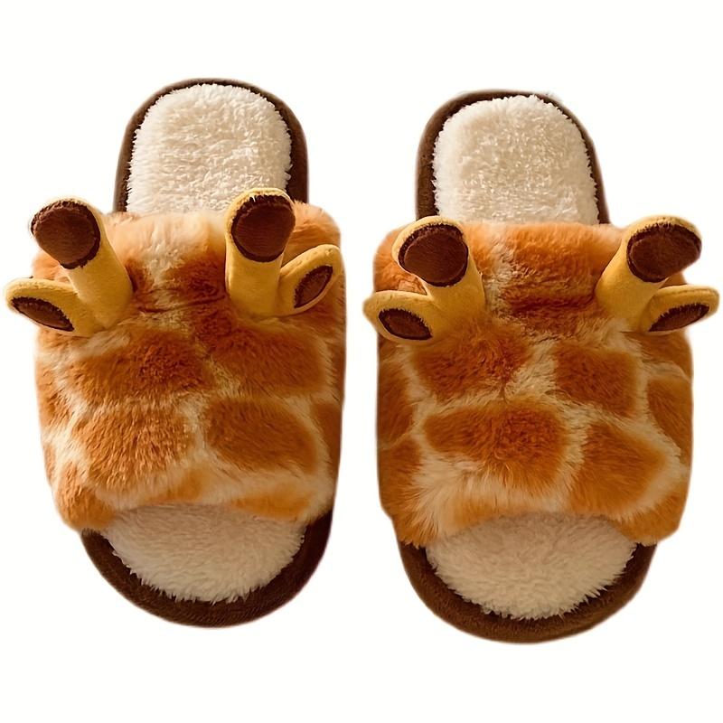 Women's Giraffe Print Fluffy Furry House Slippers - Cute Cartoon Animal Design Indoor Bedroom Slippers with Soft Fabric Upper & Non-Slip PVC Sole