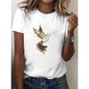 European Size Women's Golden Hummingbird In Flight Print T-Shirt - Short Sleeve Crew Neck Casual Top, Medium Stretch Breathable Fabric
