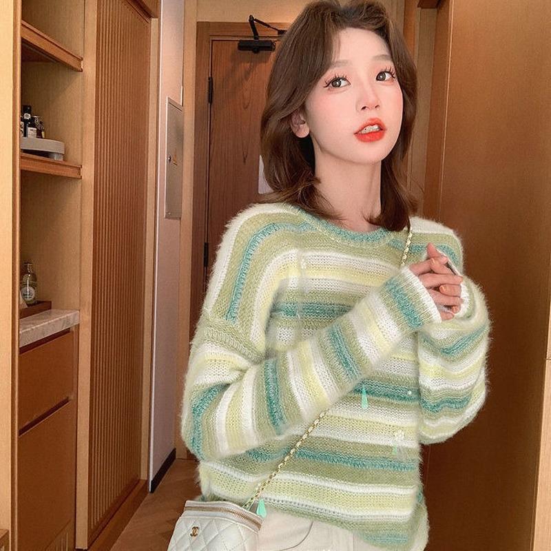 

Пуловер свитер 2022 весна и осень новый круглый шея жемчужно-полосатый свитер женщины сладкий свободный все матчи с длинными рукавами свитер с длинными рукавами