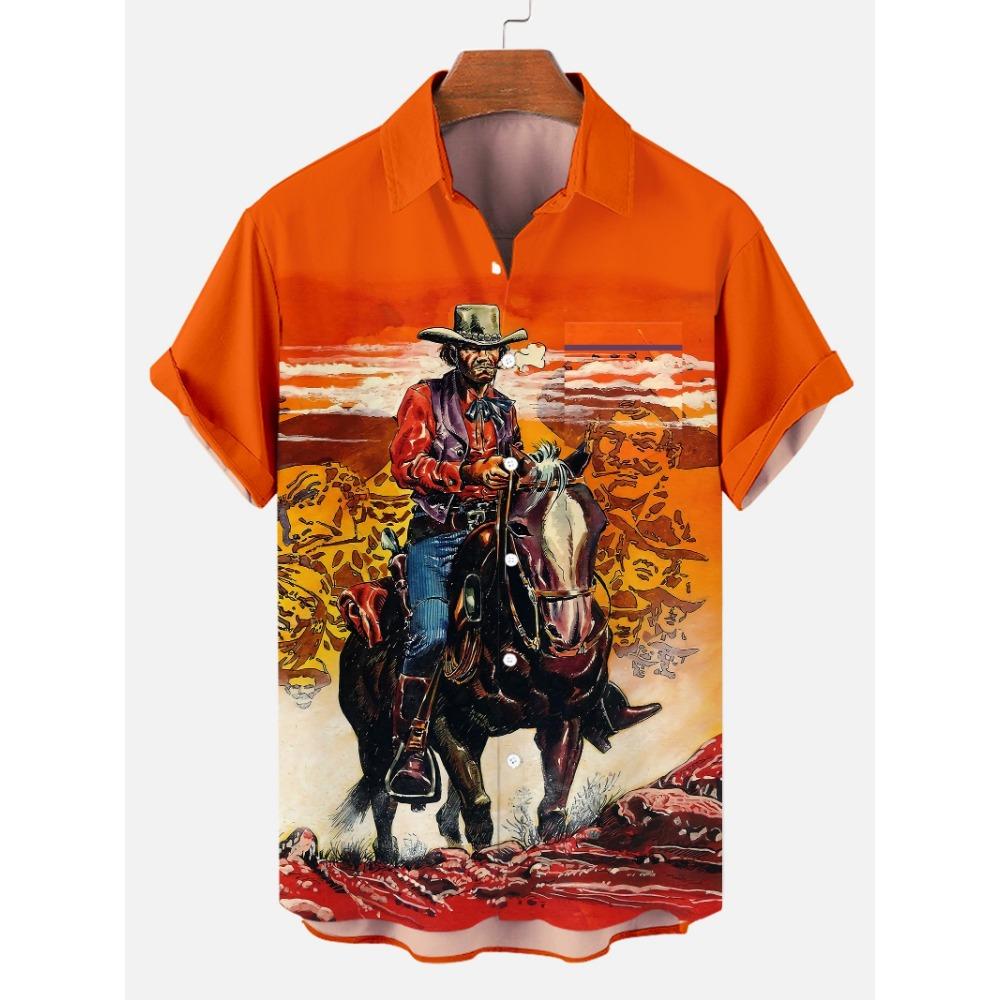 2024 Men's Casual Retro Equestrian Cowboy Poster Shirts 3D Print Turndown Collar Shirt Short Sleeve Shirt Summer Shirts For Boys