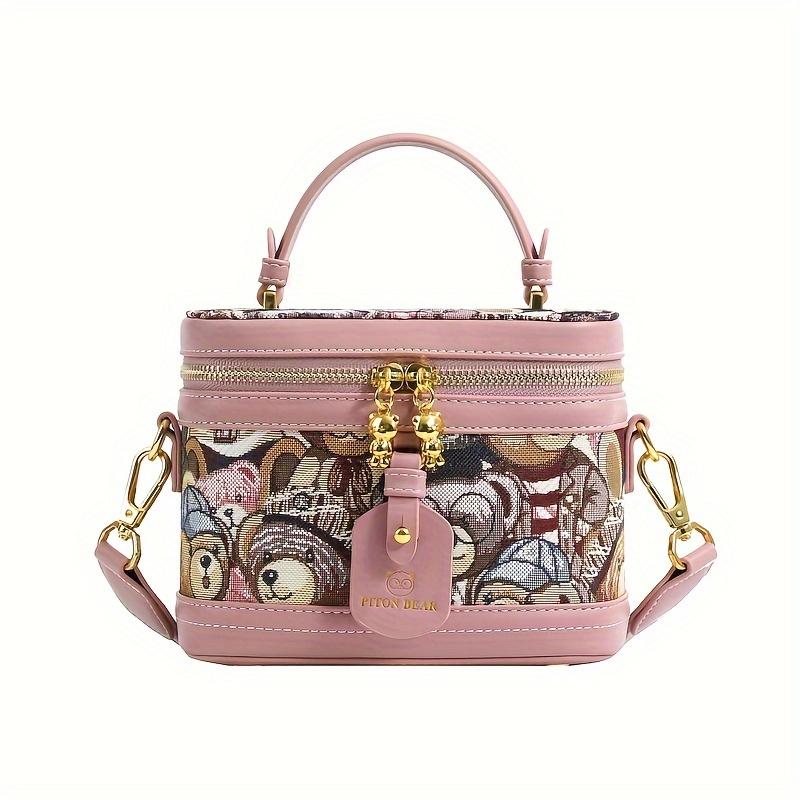 

Сумка-ведро с милым медвежьим узором, мини-сумка с рисунком из мультфильма, женская сумка через плечо с широким ремешком розовый