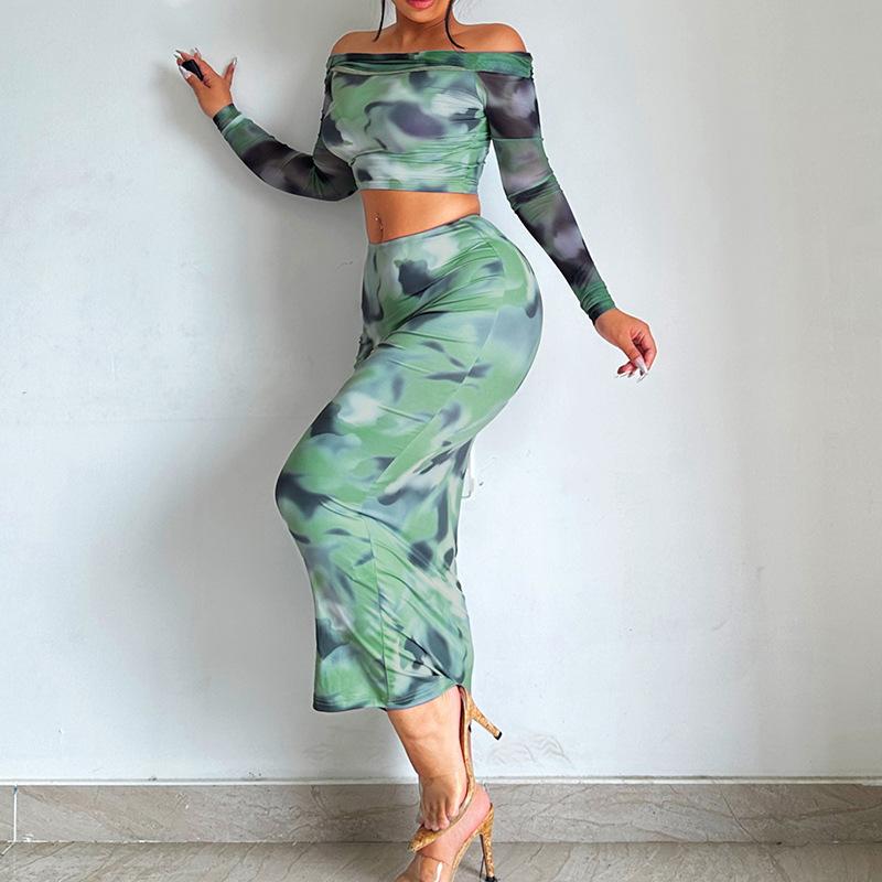 New Summer Long-sleeved One-length Neck T-shirt Slim Hip-covered Skirt Suit for Women