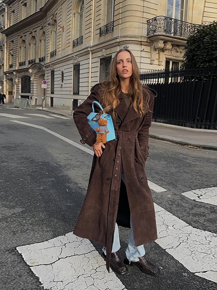 2025 Women's Grey Woolen Lace-up Mid-length Coat for Autumn/Winter