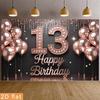 2D Happy 13th Birthday Backdrop, Rose Gold Glitter Balloon Party Photo Booth Background