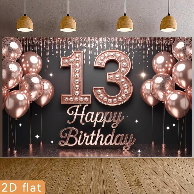 2D Happy 13th Birthday Backdrop, Rose Gold Glitter Balloon Party Photo Booth Background