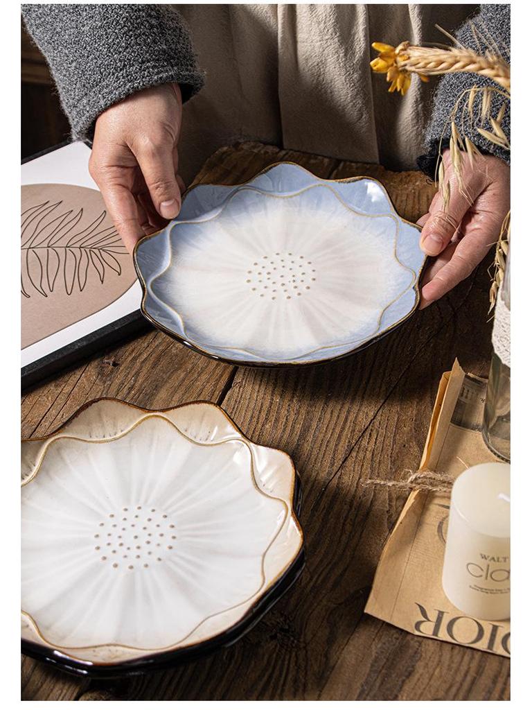 European Lotus Ceramic Irregular Plate and Salad Bowl Set