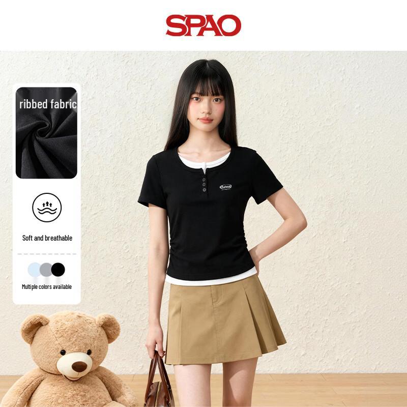 SPAO Women s Color Block Fake Two-Piece Short Sleeve T-Shirt M