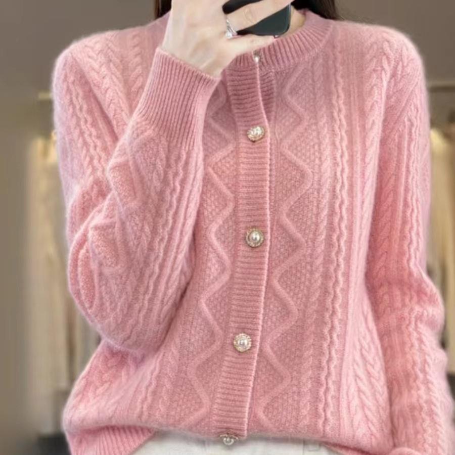 QICED Spring O-Neck Twist Sweater Coat Long Sleeve Stand Collar Solid Color Knitted Cardigan Blouse