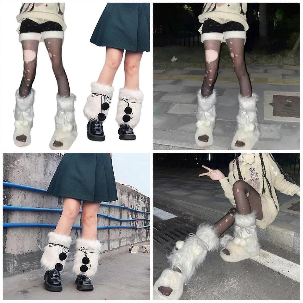 Faux Furs Leg Warmer,Warm Fuzzy Leg Warmer Boot Cuff Cover for Party Costumes Womens Fall Winter Leggings Socks White Hair Ball 40CM