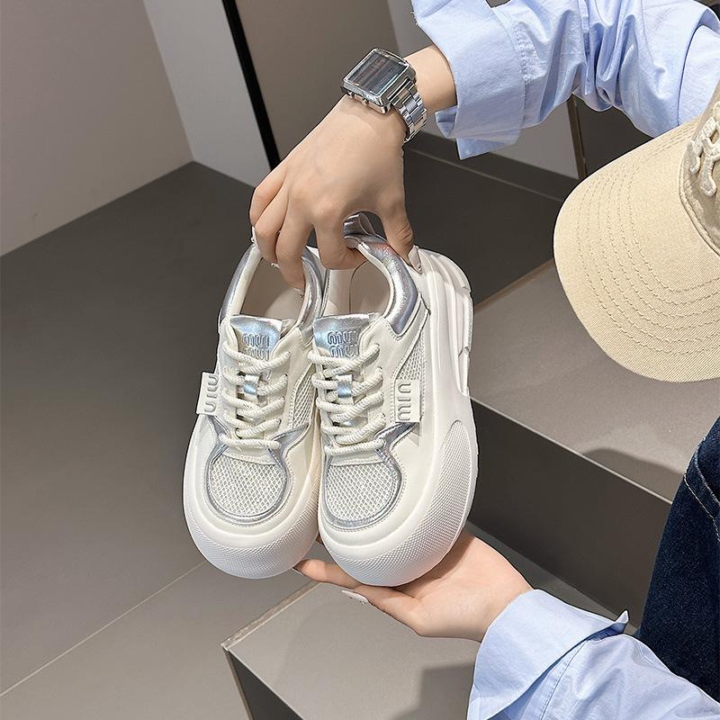 Leather platform women's spring new round head lace-up casual board shoes versatile height-increasing sports women's shoes