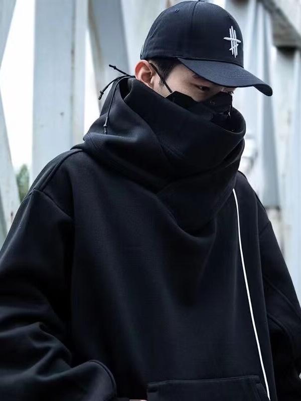 Unisex High-Neck Hooded Sweatshirt: Heavyweight, Functional, Loose-Fit Top for Spring, Autumn, Winter - Trendy, Casual, and High Street Style.
