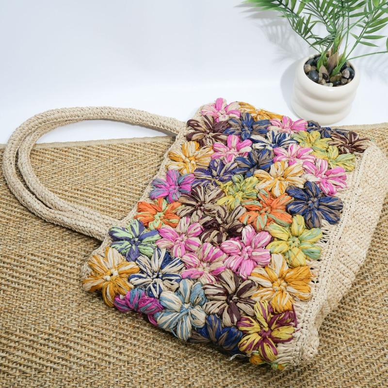 New high-quality raffia woven bag handmade holiday straw bag women's flower large-capacity shoulder tote bag