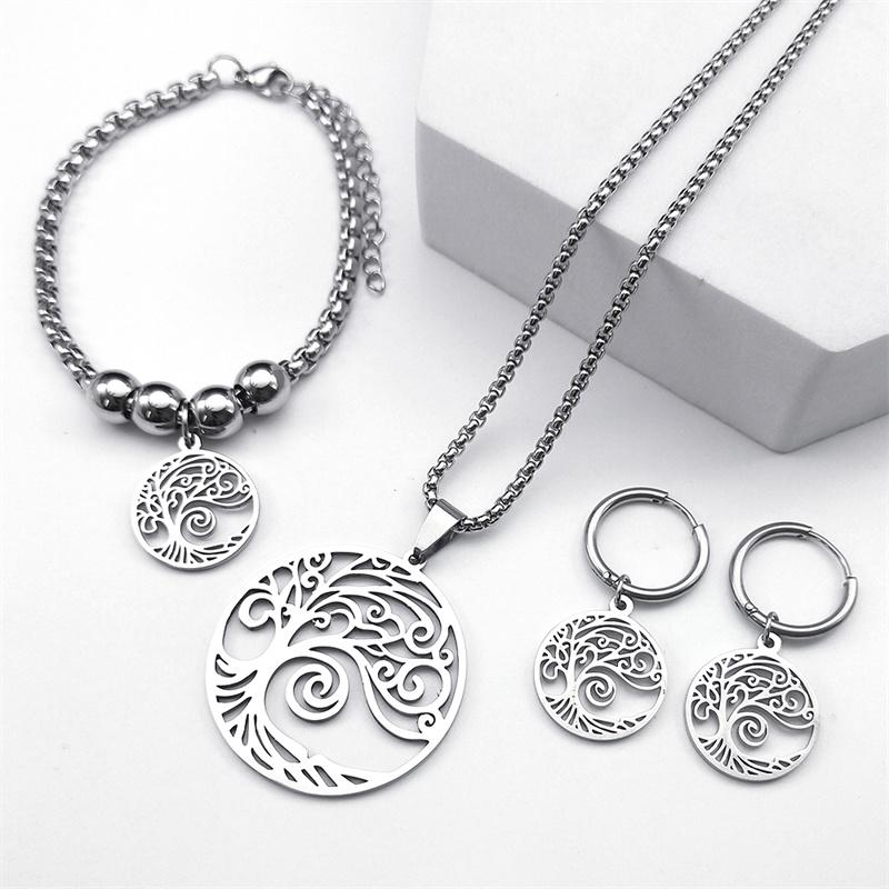 

Древо Жизни Набор из нержавеющей стали с цирконом для женщин и мужчин, медного цвета, полые серьги-кольца с растительным мотивом, ожерелье, браслет, подарки с цирконом