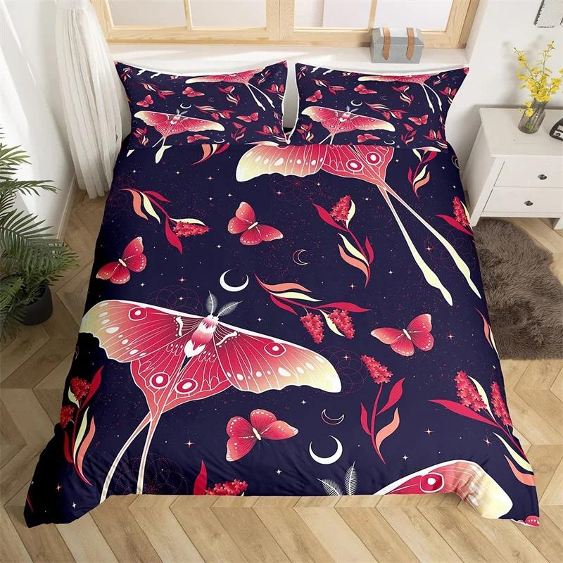 Death Moth Duvet Cover Set Queen Size Gothic Skull Boho Comforter Cover Black And White Skeleton Decorative Soft Bedding Set