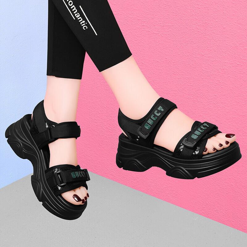 Slope heel Roman women's summer new refreshing breathable heightening single shoes women's black platform sports sandals