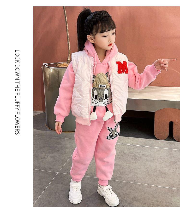 2025 Girls' Autumn/Winter Hoodie Set: Fleece-Lined Vest & Thickened Small Fragrance Style for Medium/Large Children