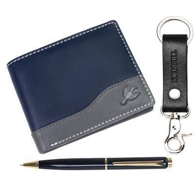 Navy Buttler Mens Leather Wallet, Keyring & Pen Combo Gift Set for Men | Gift Set for Men