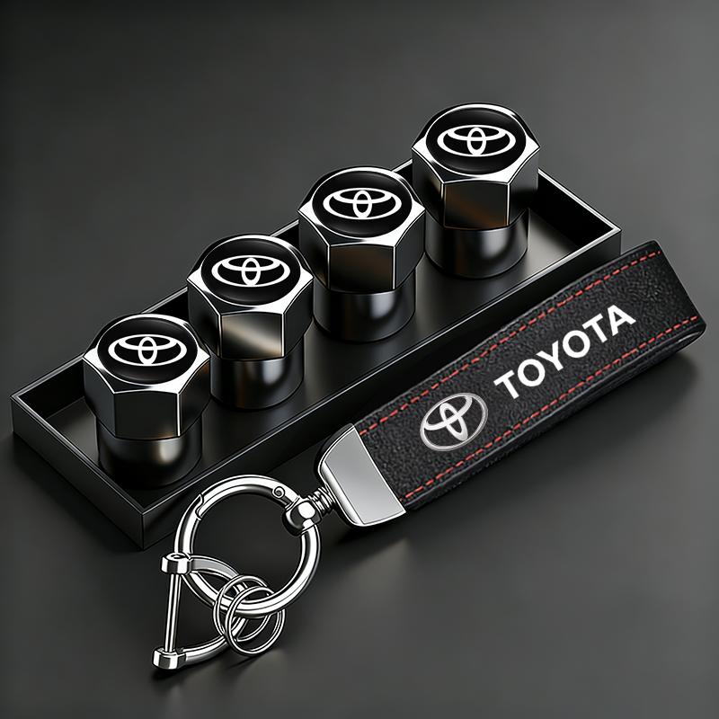 Toyota Metal Wheel Valve Stem Caps + Leather Car Key Chain Combo For Toyota GR Corolla Yaris Aygo Prius CHR Camry Auris Avensis