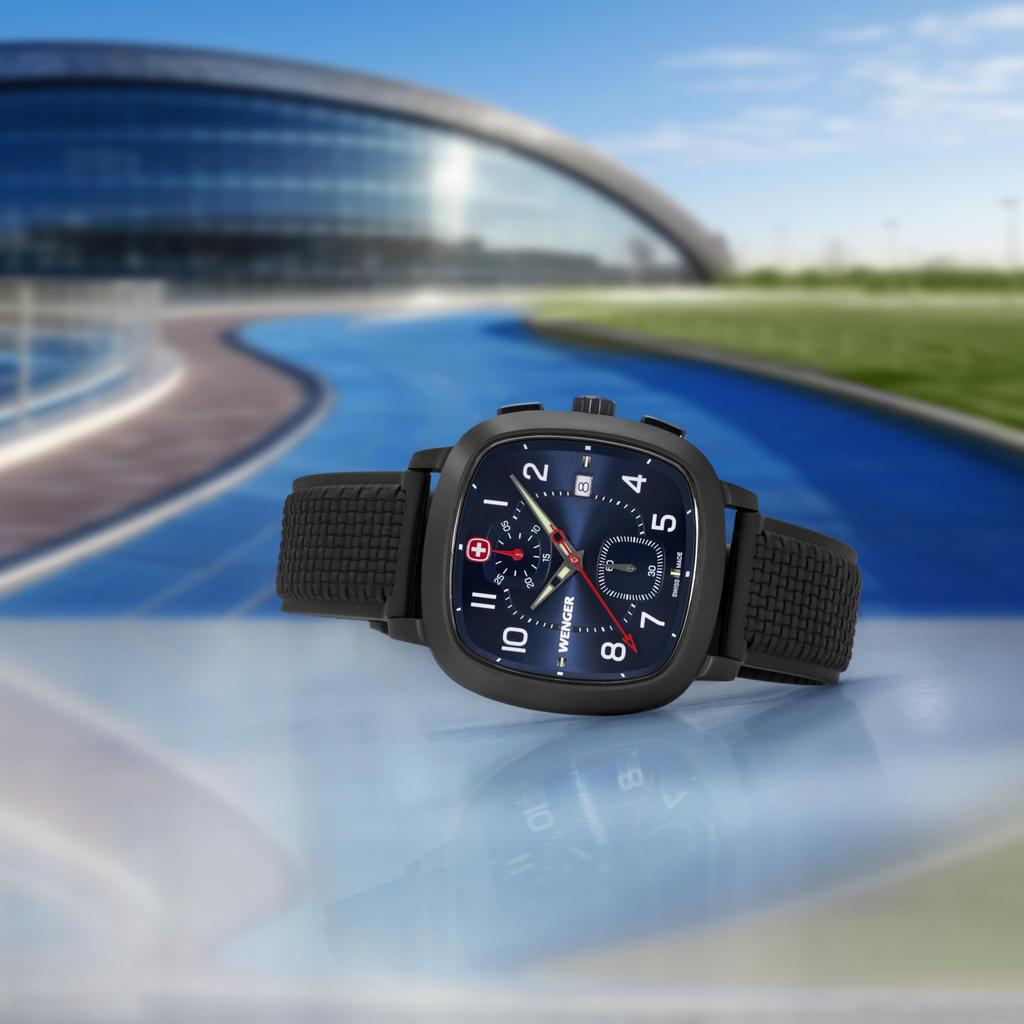 WENGER VINTAGE SPORT CHRONO Wristwatch Chronograph Stainless Steel Case Blue Dial Black Silicone Strap Quartz 50m Water Resistant Analog Gift Men's