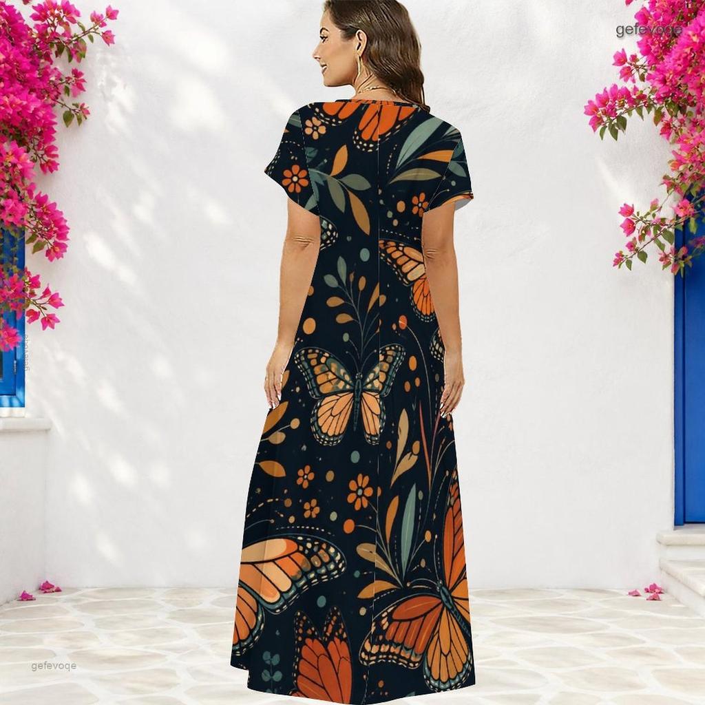 Women Plus Size V Neck Short Sleeve Butterfly Floral Printed Straight Maxi Dress