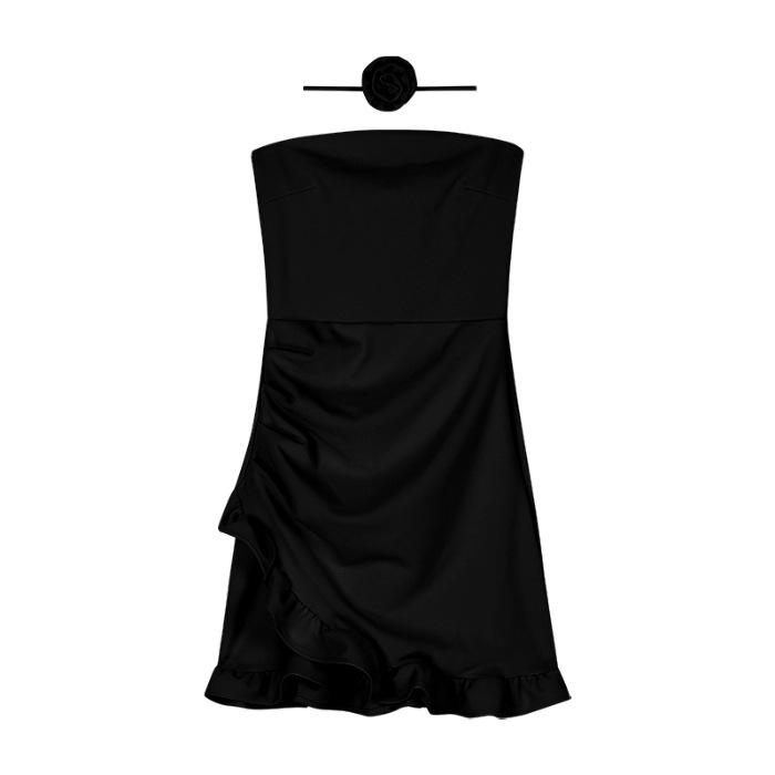 One-word shoulder tube top dress women's summer temperament flower pure desire waist ruffle edge skirt sexy hip wrap short skirt