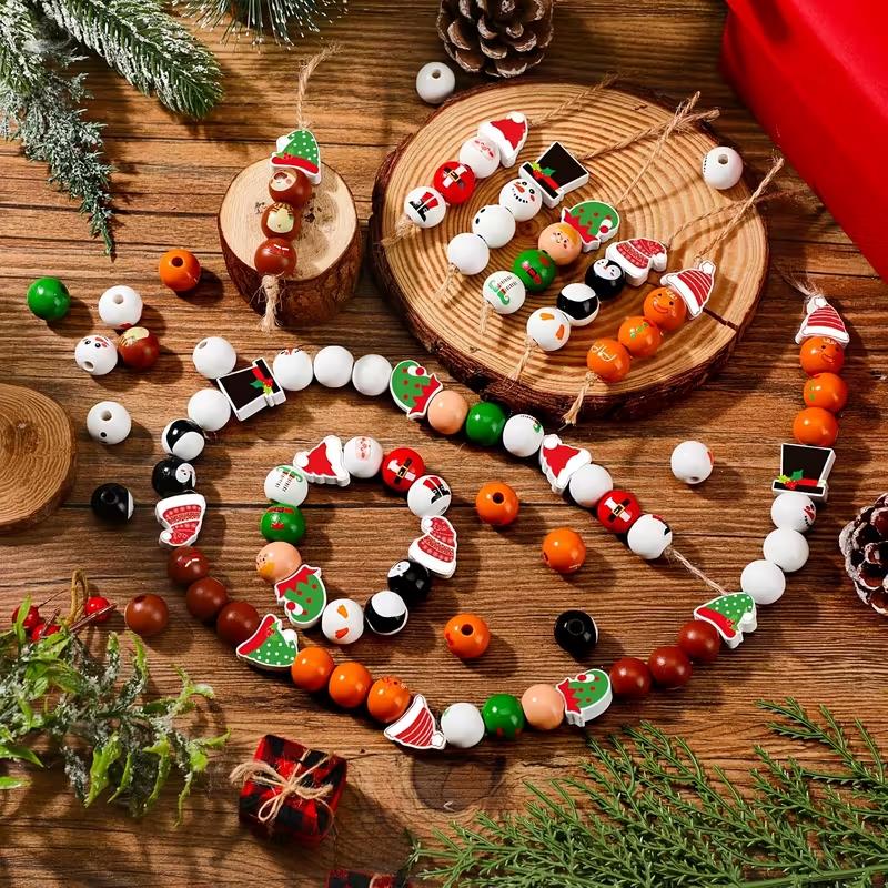 48/80Pcs Christmas Wooden Beads Santa Claus Gingerbread Man Elf DIY Garland Bracelets Xmas Tree Hanging Ornament Home Decoration