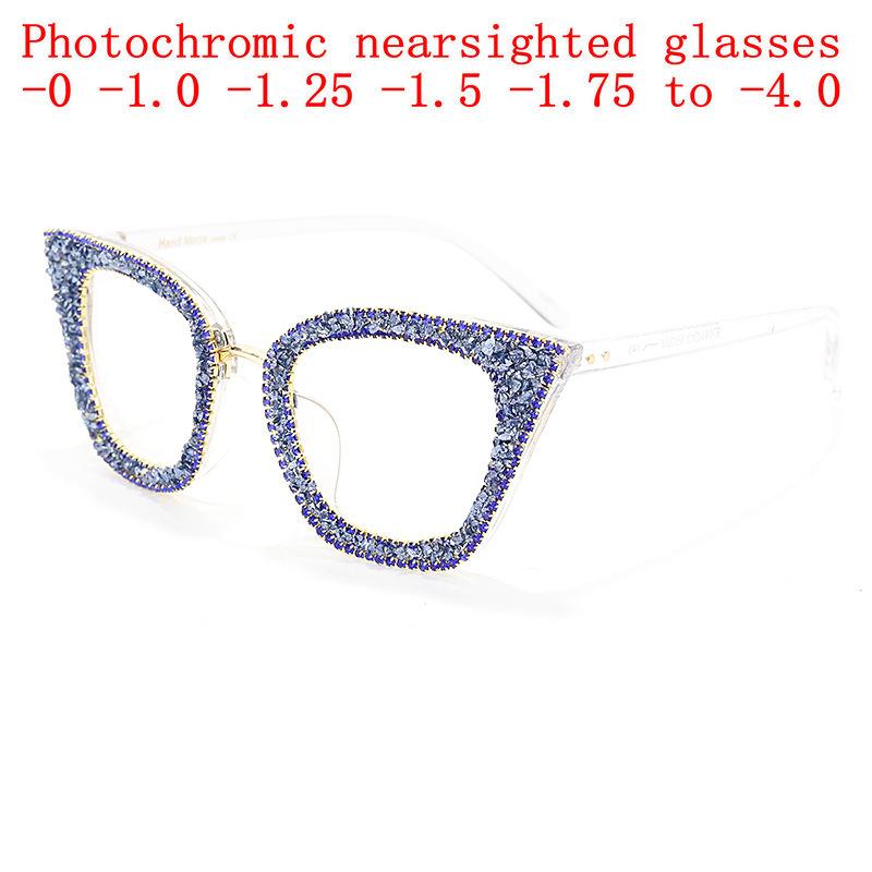 

Diamond Cat Eye Sunglasses Women Rhinestone Oversized Optical Myopia Glasses Ladies Photochromic Prescription Eyewear Diopter NX Myopia-4.0 зніміть синього кольору