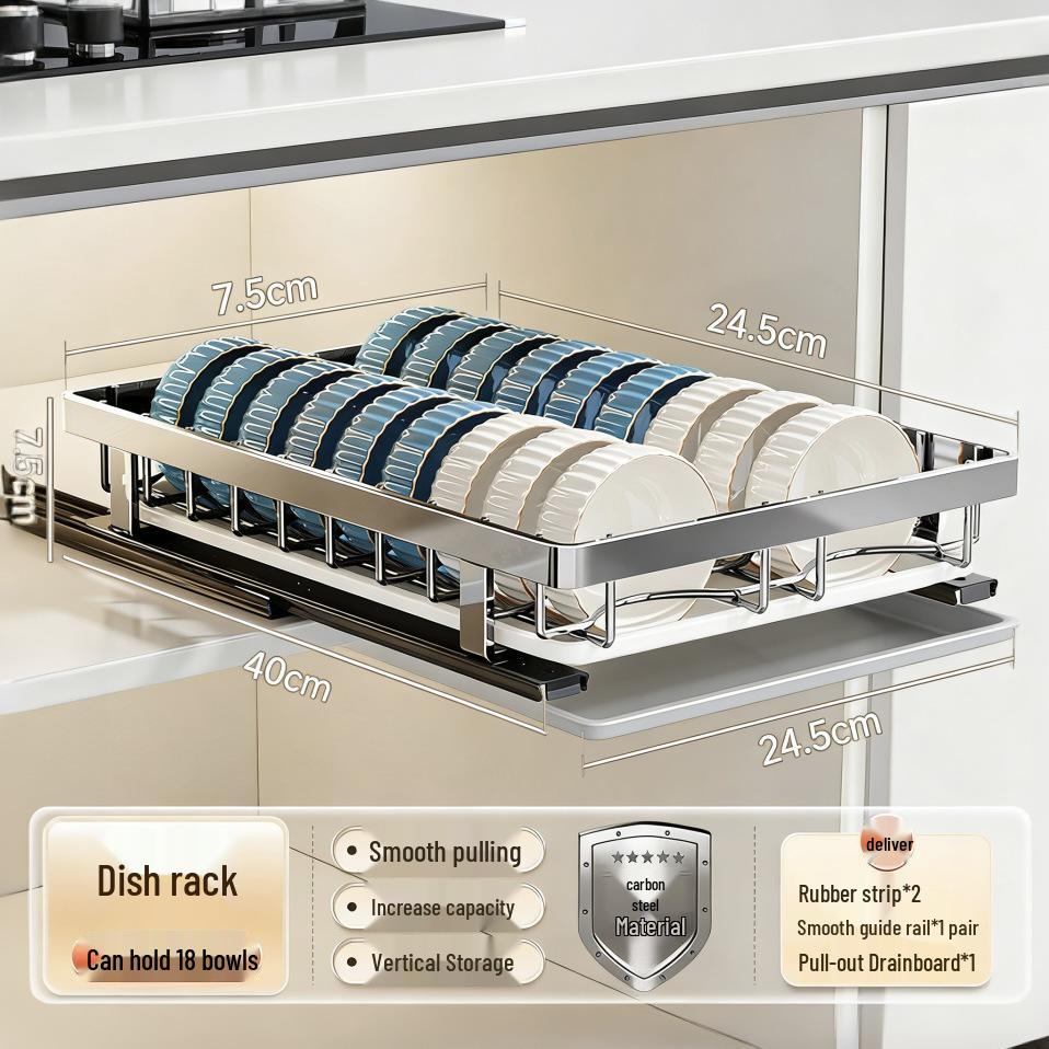 Pull-Out Drawer Dish Storage Rack - Punch-Free Kitchen Shelf and Draining Rack