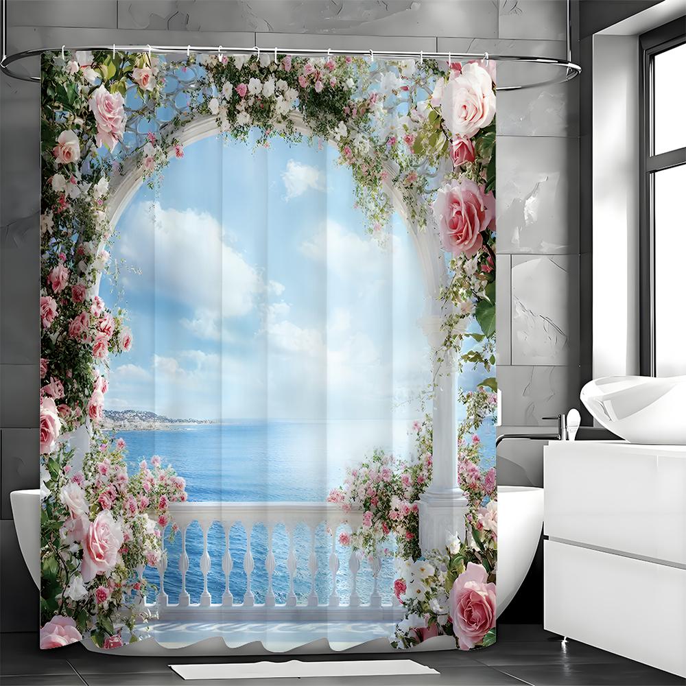 Ocean View Rose Flower Balcony Shower Curtain, Bathroom Decorative Shower Curtain, Waterproof Shower Curtain with Hooks