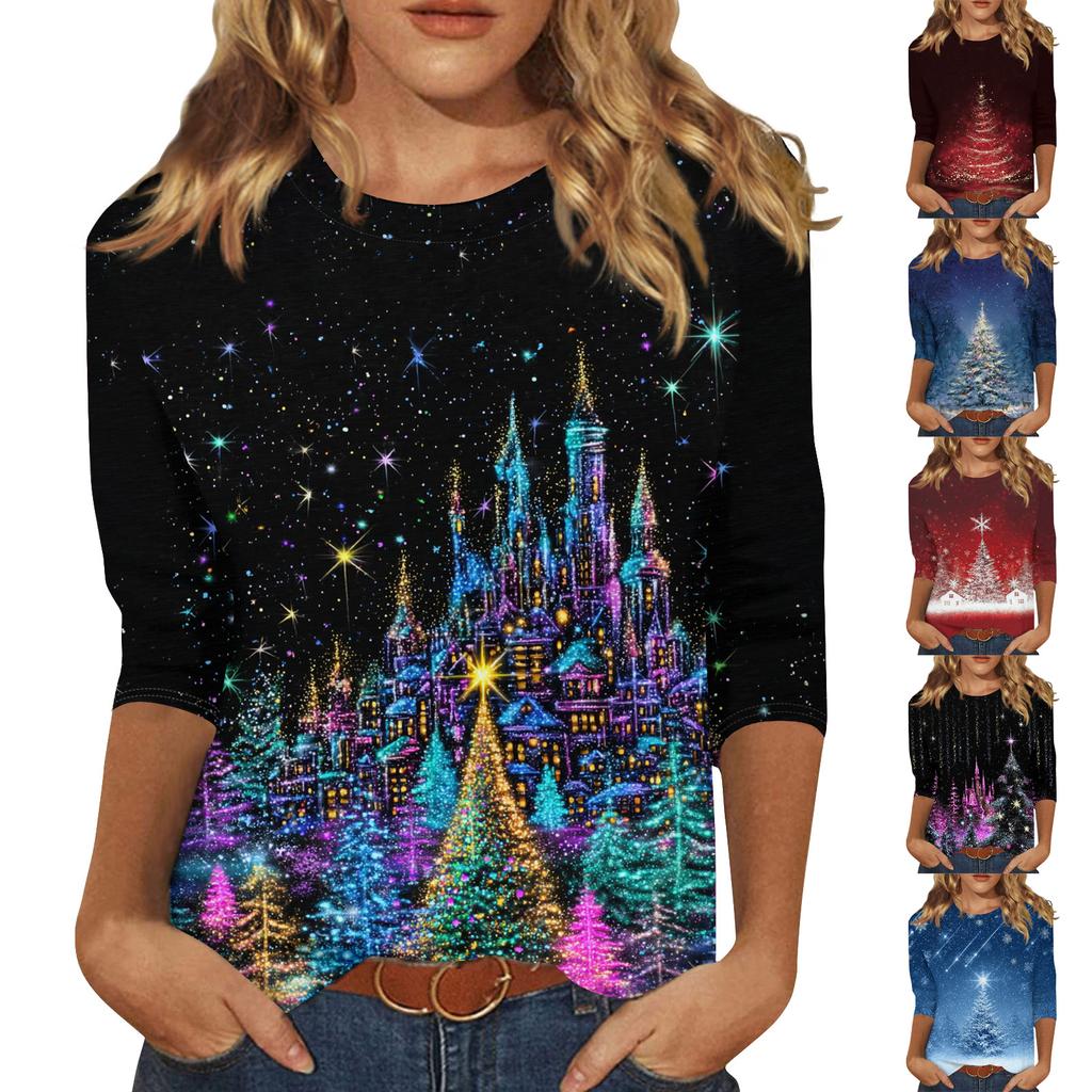 Women's Fashion Casual Christmas Printed Round Neck Long Sleeve Pullover Top