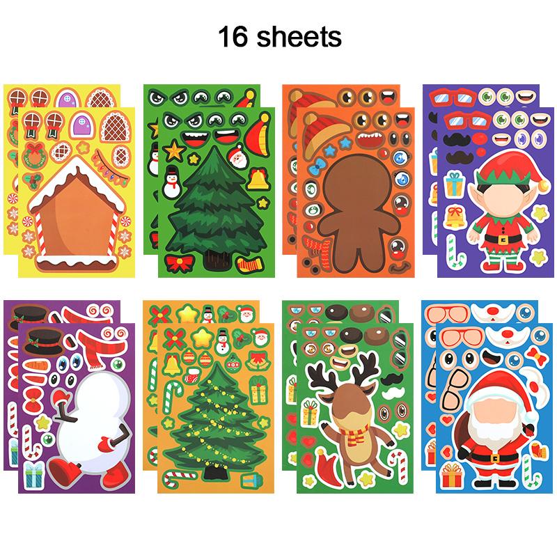 8/16Sheets Christmas Puzzle Stickers Santa Snowman Xmas Tree Make a Face Sticker Kids Party Favors Toy Gift New Year Decoration