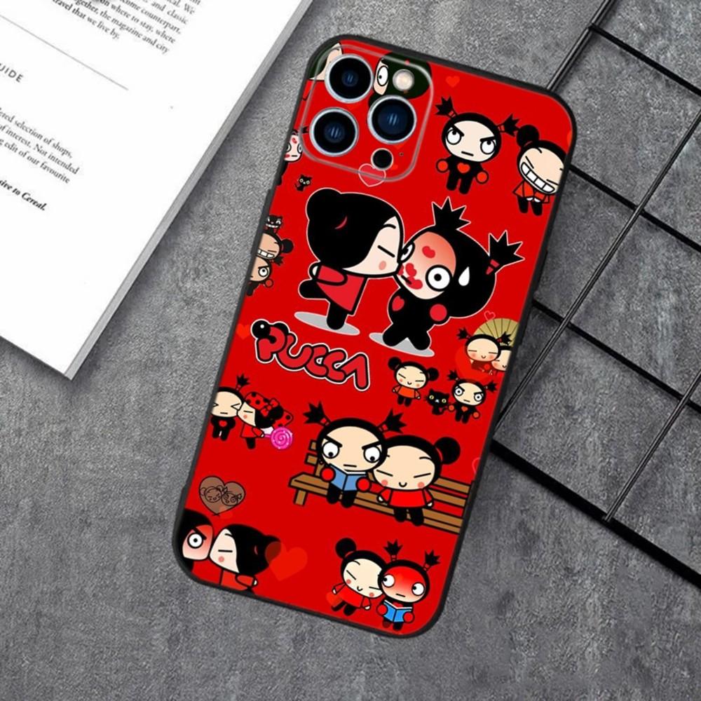 Cute Cartoon Pucca Garu Phone Case For Apple iPhone 15,14,13,12,11,XS,XR,X,8,7,Pro,Max,Plus,mini Silicone Black Cover