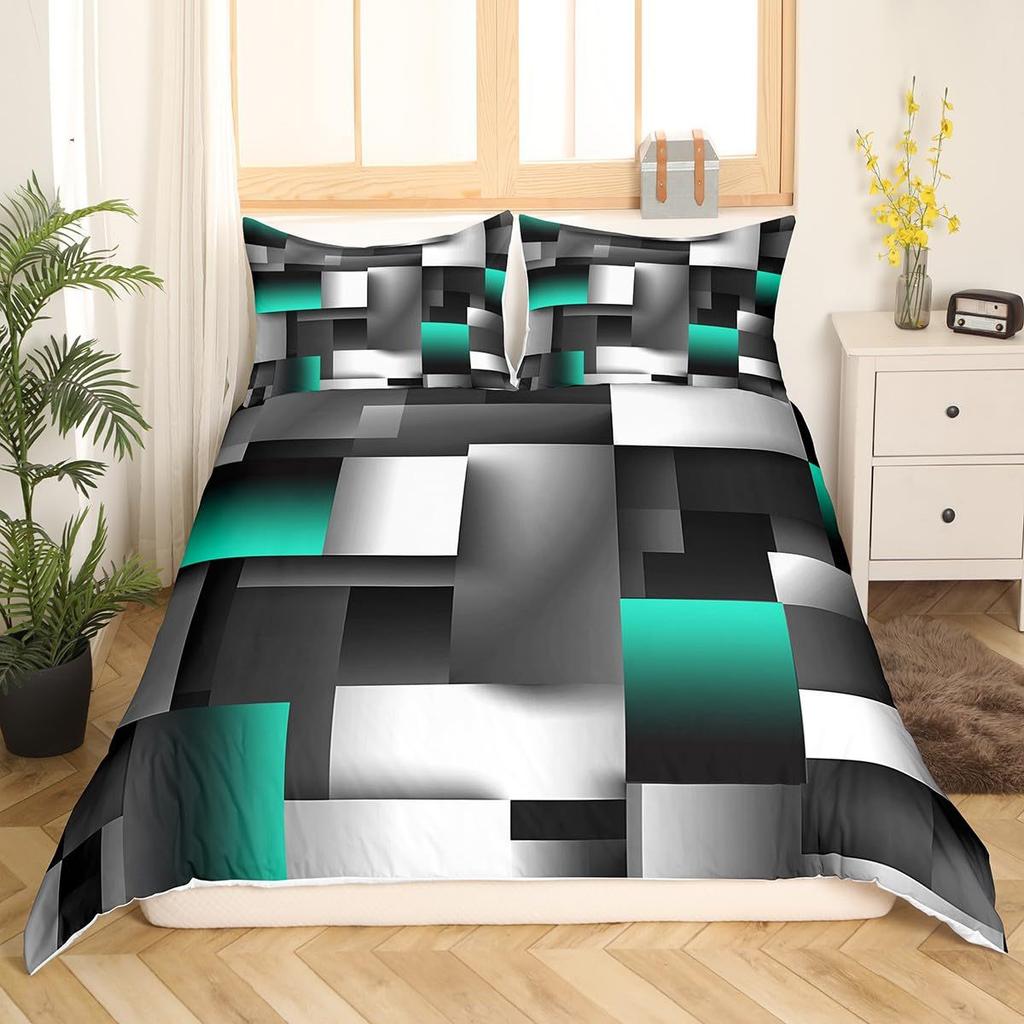 Grid Square Three-Piece Quilt Cover 3D Digital Printing Bedding Set Bed Cover