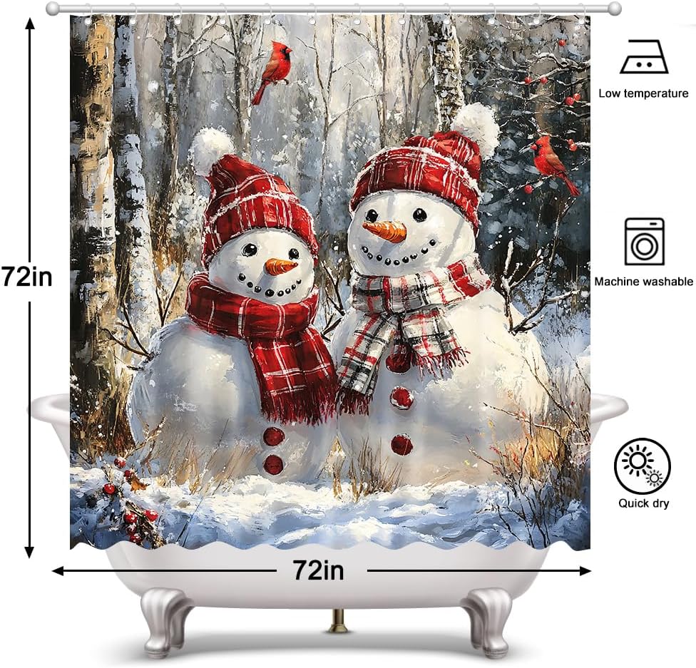 Winter Christmas Snowman Shower CurtainCute Snowman Home Bathroom Decorations Santa Xmas Winter Forest Bathtub Curtain Set