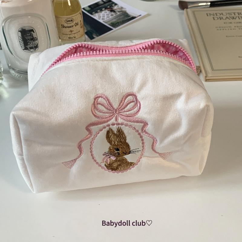 Portable Rabbit Cosmetic Bag Lace Bow Large Capacity Makeup Organizer White Pink Zipper Closure Travel Toiletry Bag Women Girls