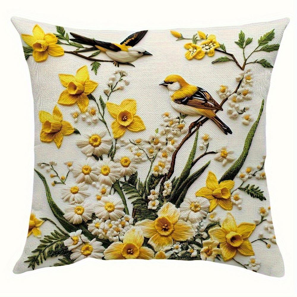 

Floral & Bird Decorative Pillow Covers: Yellow & White Delight Sofa cushion cover home room decoration 2D flat printing 16x16Inch