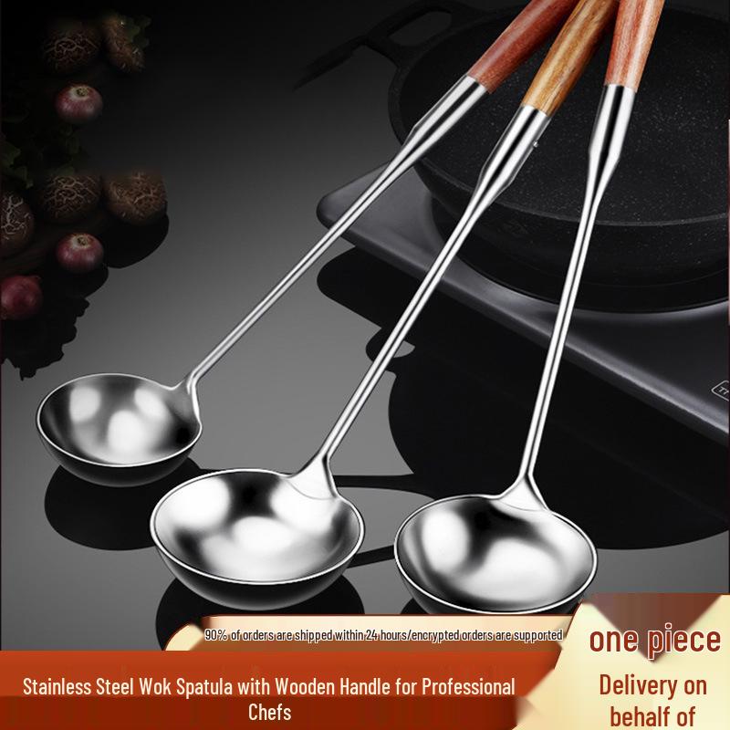 Суповая половник шеф-повара из нержавеющей стали и дерева с длинной ручкой, защита от ожогов 4 Liang Wooden Handle Stirring Spoon