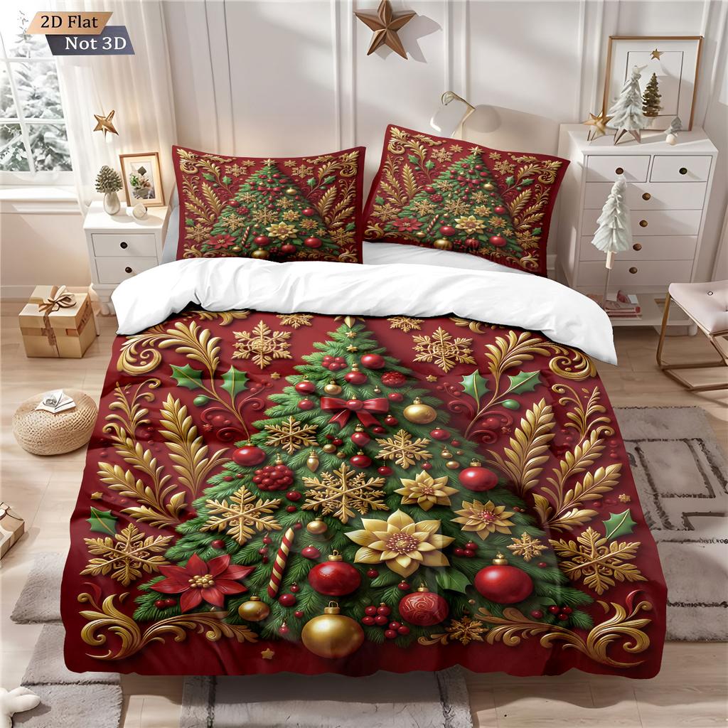 3pcs Colorful Christmas Tree Print Coreless Duvet Set Multi Size Bedroom Dormitory Bedding Decoration, Machine Wash Design