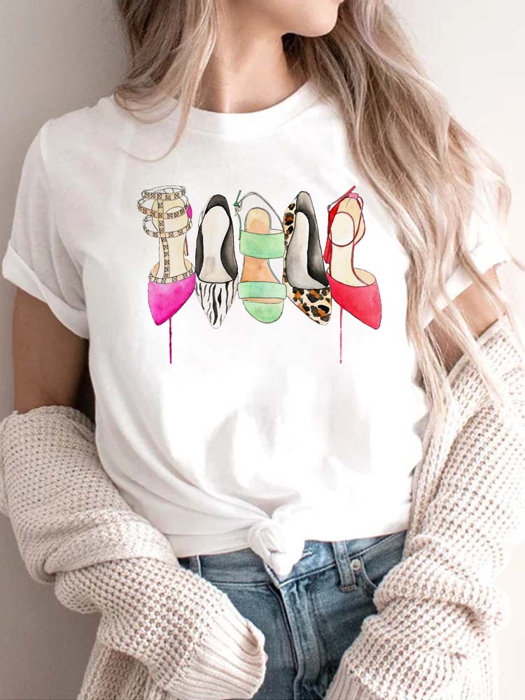 Maycaur New High Heel Wine Glasses Graphic Print T Shirt Women Funny Tshirts Casual White Short Sleeves Tops Tees Feamle Clothes