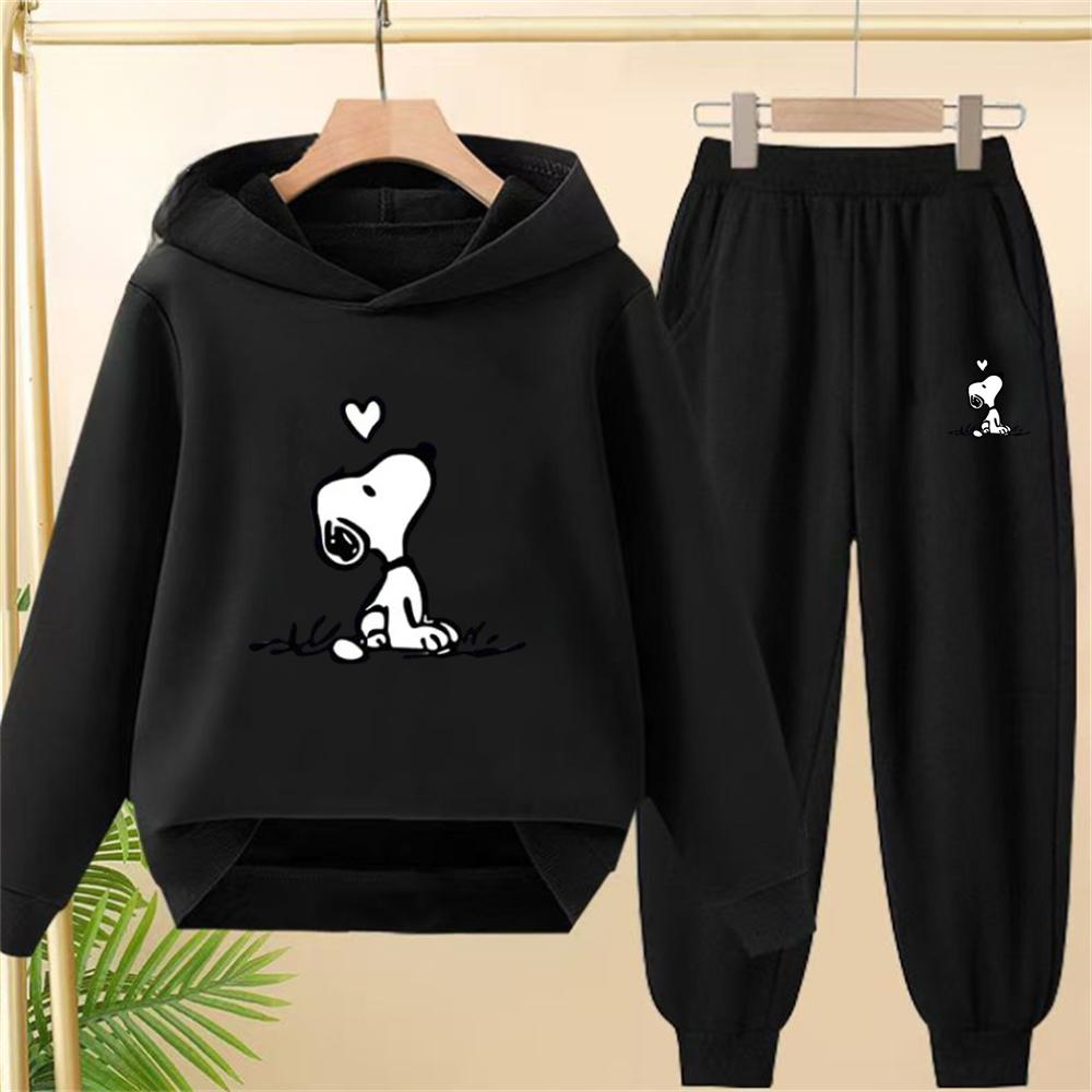 Children Snoopy Print Black Hoodie Pullover Boys Girls Coat Sweatshirt+Pants Toddler Clothes Autumn Winter Leisure Set