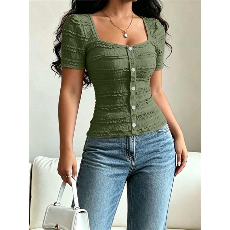 Women s  Fashion: Casual Solid-Color Square-Neck Short-Sleeve T-Shirt Spring/Summer L