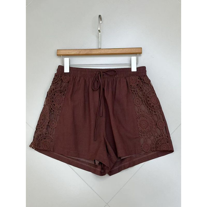 

Retro Style Brown Cotton and Linen Lace Hook Flower Patchwork Set Loose Lazy Artistic Shirt Shorts Shorts S