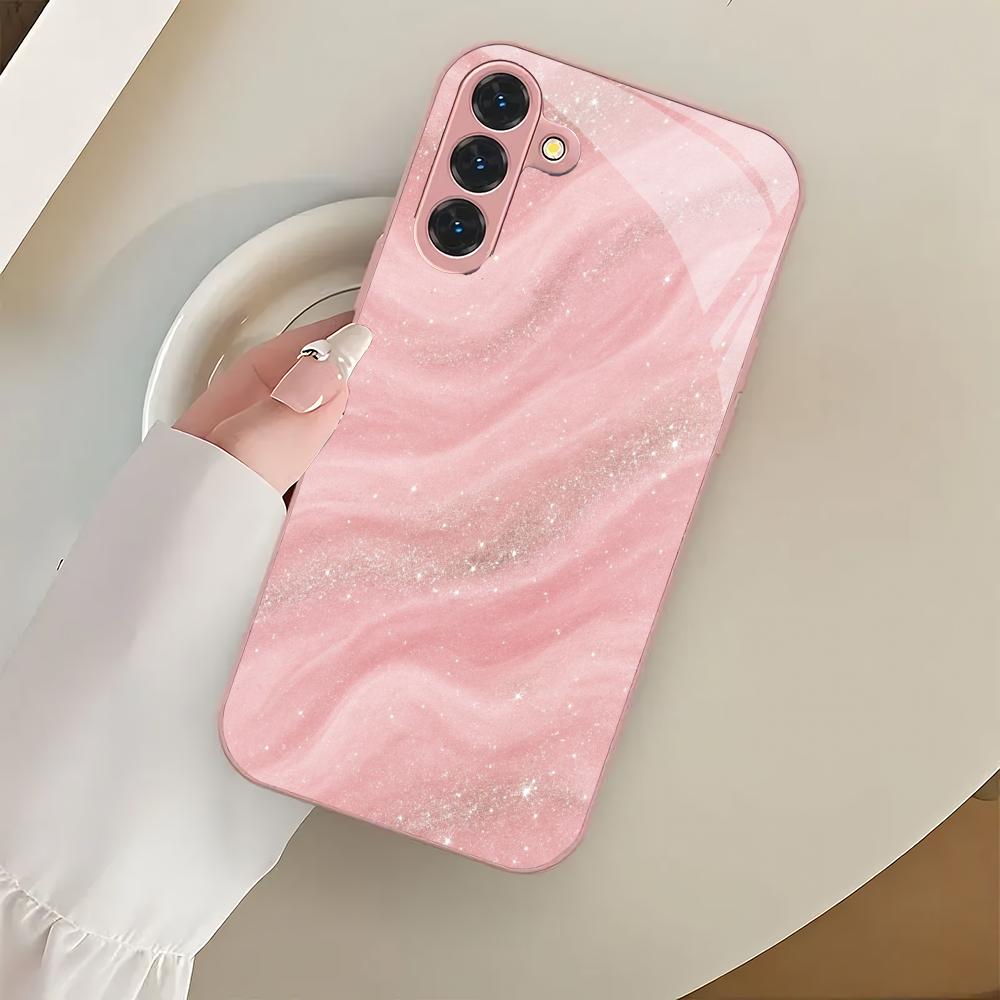 Shiny pink texture design glass phone case suitable for Samsung Galaxy S26 S25 S24 S23 S22 S21 S20 FE/Ultra/Plus shockproof
