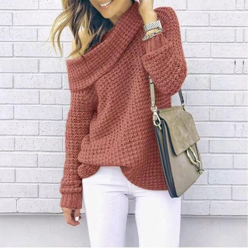 2026 New Women's Off-Shoulder Turtleneck Sweater, Sexy Loose Fit Plus Size Solid Color Knit Top for Autumn Winter