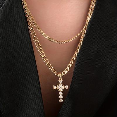 Moderne Edelstahl-Anhänger-Guss Kreuz mit eingelegtem Diamant Halskette Mehrschichtiges High-End Titanstahl Schmuckset