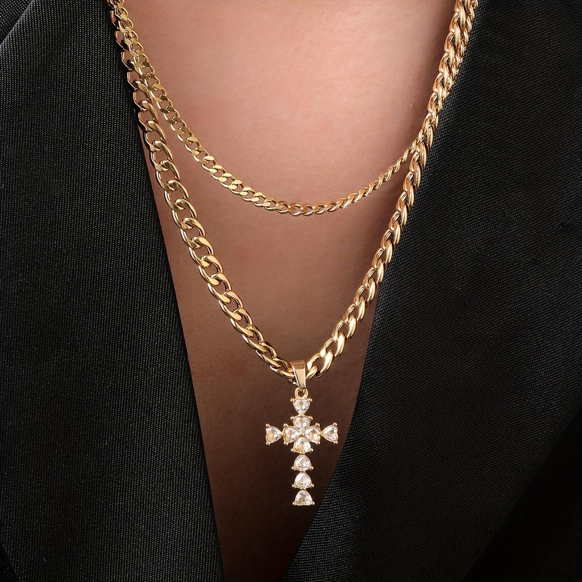 

Модный кулон из нержавеющей стали, литой крест, инкрустированный бриллиантами, многослойное ожерелье, высококлассный набор титановой стали gold Two-piece set