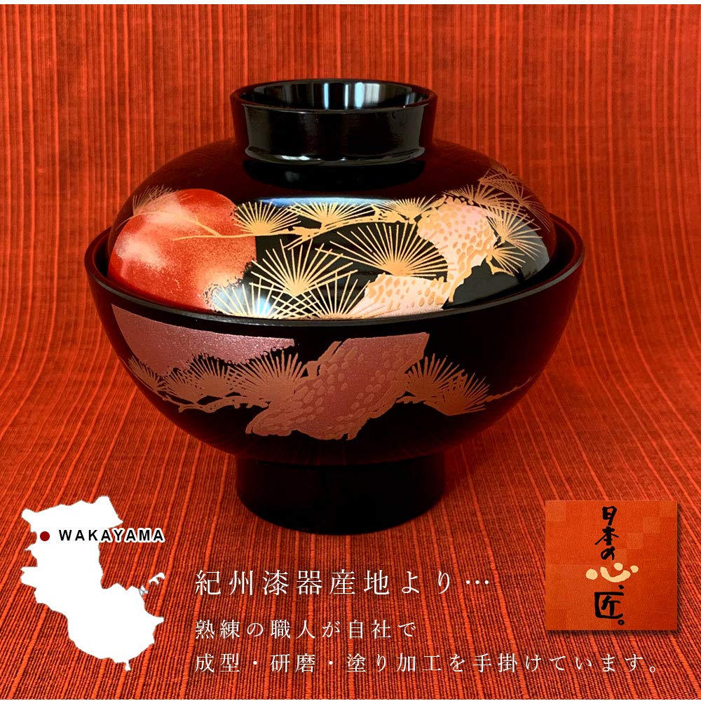 Yamaga Lacquerware Shop Soup Bowls, Sunrise Crane Design, Set of 5 (5 pieces) - Kishu Lacquerware, Black, for New Year's, Year-End and New Year, Zoni