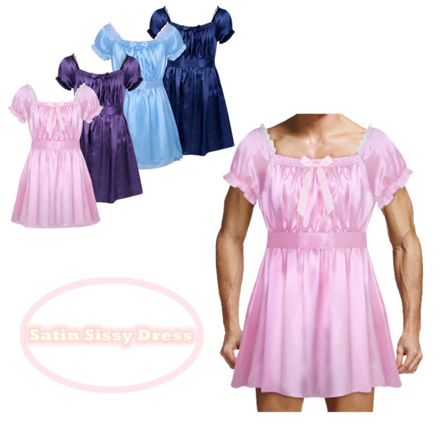 Mens Short Sleeve Square Neckline Shiny Soft Satin High Low Design Crossdress Lingerie Dress with Sash Nightwear Underwear
