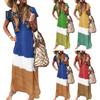Women's Summer Long Dress Patchwork V-Neck Loose Maxi Dress Casual Short Sleeve Beach Vacation Sundress
